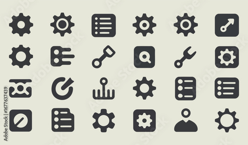 Vector art of collection of various icons representing settings, tools, and user interface elements