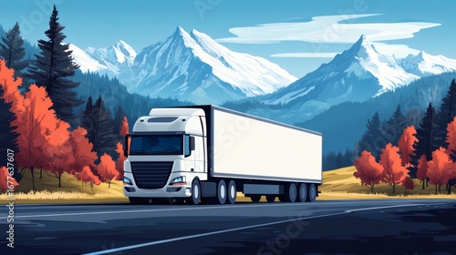 White semi-truck driving on a highway through autumnal forest with snow-capped mountains in the background.