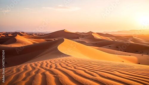 Vast desert landscape at golden sunset, with rolling sand dunes.