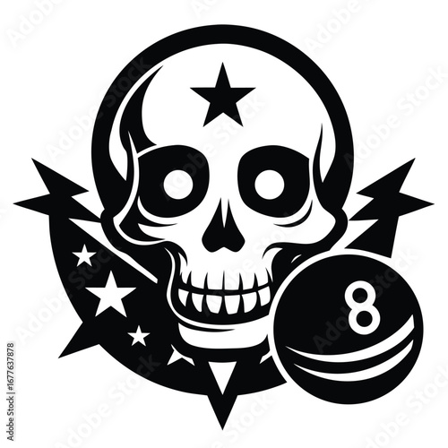 Skull with eight ball and stars, a vintage tattoo design isolated on white background