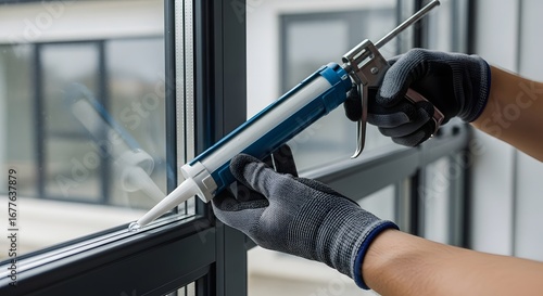 Worker applying sealant to window frame with caulking gun for weatherproofing home improvement project