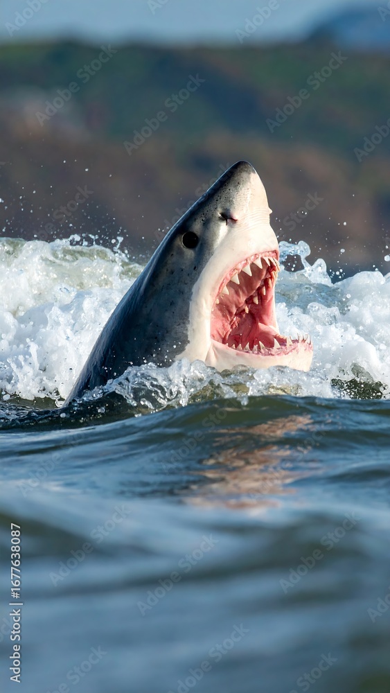 Fototapeta premium Great white shark emerging from wave, open mouth