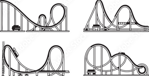 Four Black and White Illustrations of Roller Coaster Sections with Cars amusement park ride