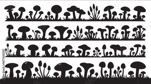 Four Rows of Black Silhouette Mushroom and Grass Silhouettes on a White Background fungi nature