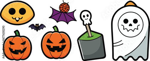 Happy Halloween day element background vector. Cute collection of spooky ghost, pumpkin, bat, candy, cat, skull, spider, grave, castle. Adorable halloween festival elements for decoration, prints.