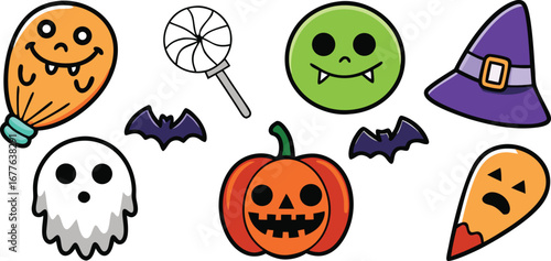Happy Halloween day element background vector. Cute collection of spooky ghost, pumpkin, bat, candy, cat, skull, spider, grave, castle. Adorable halloween festival elements for decoration, prints.