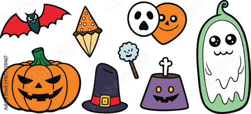 Happy Halloween day element background vector. Cute collection of spooky ghost, pumpkin, bat, candy, cat, skull, spider, grave, castle. Adorable halloween festival elements for decoration, prints.