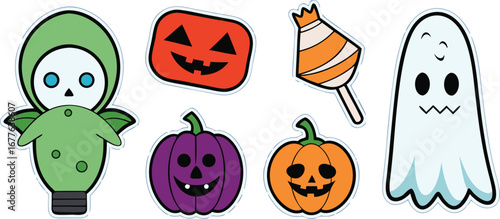Happy Halloween day element background vector. Cute collection of spooky ghost, pumpkin, bat, candy, cat, skull, spider, grave, castle. Adorable halloween festival elements for decoration, prints.
