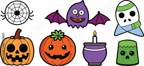 Happy Halloween day element background vector. Cute collection of spooky ghost, pumpkin, bat, candy, cat, skull, spider, grave, castle. Adorable halloween festival elements for decoration, prints.