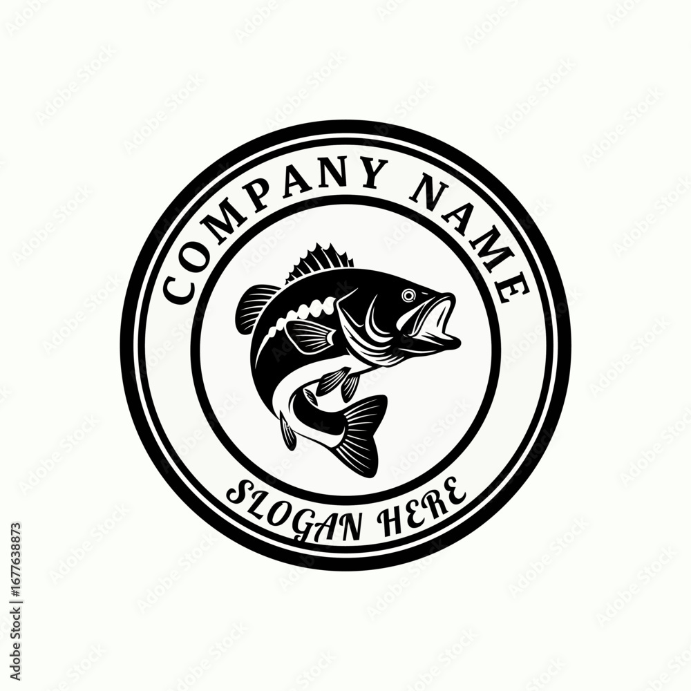 Obraz premium Circular black and white logo featuring a detailed illustration of a largemouth bass fish with open mouth.