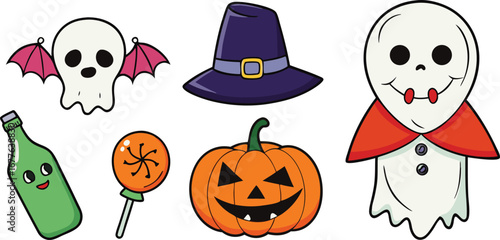 Happy Halloween day element background vector. Cute collection of spooky ghost, pumpkin, bat, candy, cat, skull, spider, grave, castle. Adorable halloween festival elements for decoration, prints.
