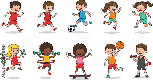 Active kids playing sports, children exercising, boys and girls, diverse kids, soccer, basketball, weightlifting, hula hoop, jumping kids, fun fitness