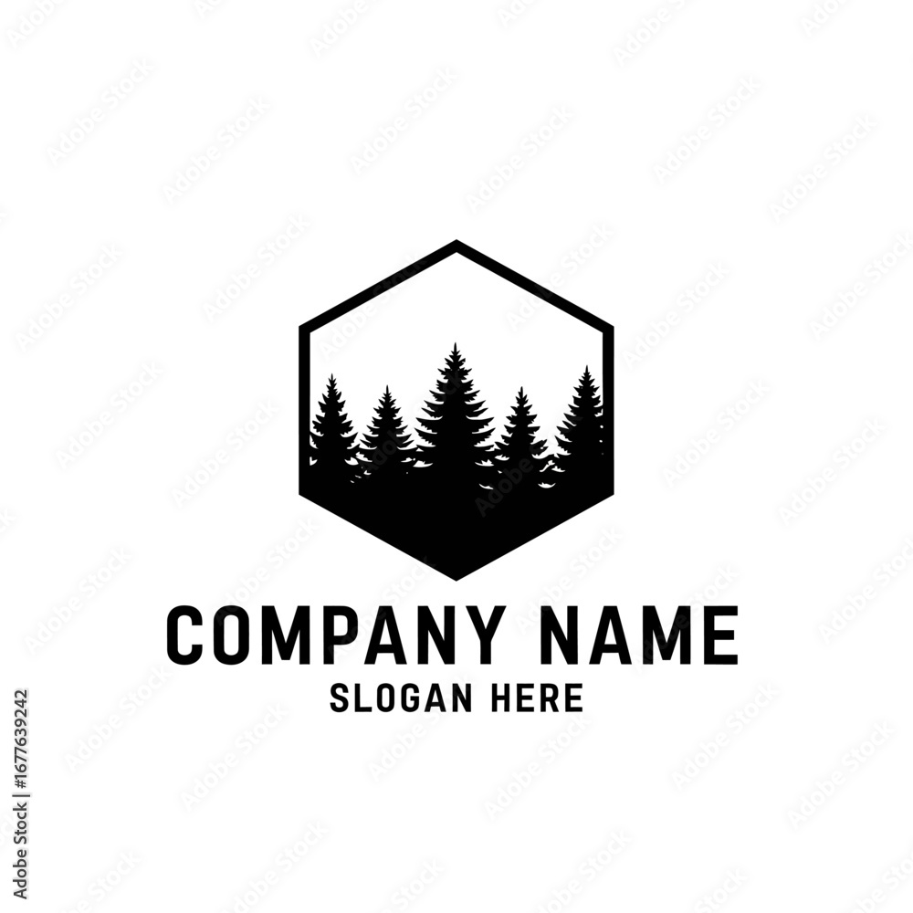 Fototapeta premium Silhouette of evergreen trees inside a hexagon shape for a company logo design.