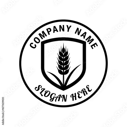 Circular logo with wheat stalk in shield, company name and slogan.