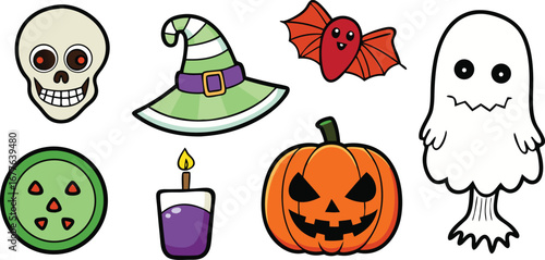 Happy Halloween day element background vector. Cute collection of spooky ghost, pumpkin, bat, candy, cat, skull, spider, grave, castle. Adorable halloween festival elements for decoration, prints.
