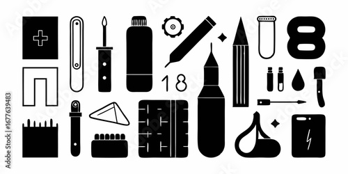 Set of different tools for building a miniature models icons. Flat icons isolated on white background. Vector illustration.