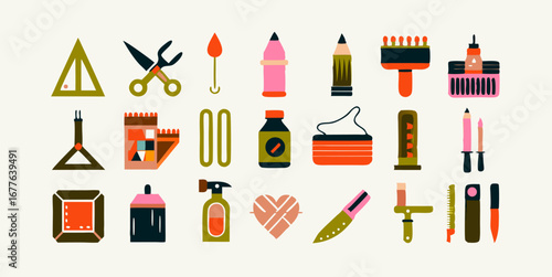 Set of different tools for building a miniature models images. Flat colorful isolated icons. Vector illustration.
