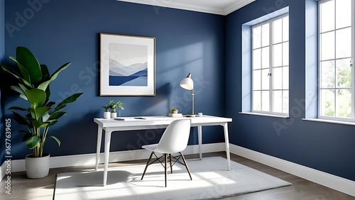 Minimalist workspace with a houseplant and framed art in a room with navy blue walls and natural light from windows