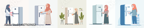 vector of hijab woman opening refrigerator