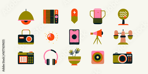 Set of different tools for creating a social media content images. Flat colorful isolated icons. Vector illustration.