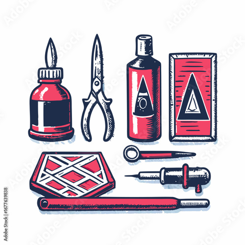 Hand drawn tools for building a miniature model collage. Vintage style. Vector illustration.