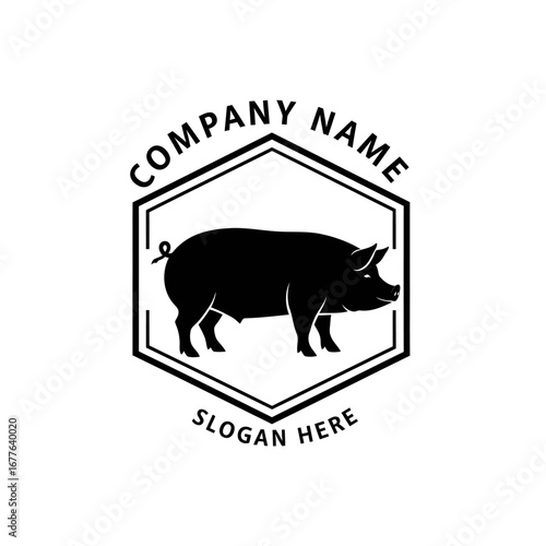 Pig logo design with company name and slogan in a hexagonal frame.