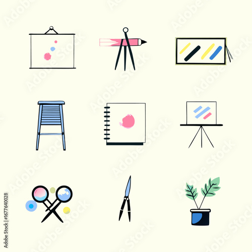 Tools for creating a DIY vision board watercolor images. Flat isolated icons. Vector illustration.