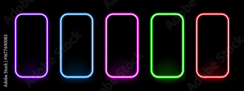 Collection of neon border frames. Abstract glowing line art for design, advertising, night club, product presentation. Vivid light effect.