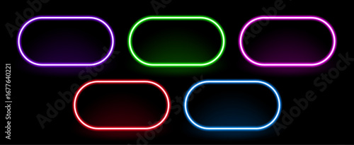 Neon frame vector set of glowing colorful light signs on dark background. Creative design element with retro style. Text box for advertising.