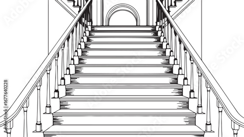 Ornate Wooden Staircase with Arched Window at the Top in Black and White Line Art stairs interior