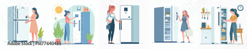 vector woman opening refrigerator