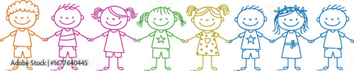 Colorful stick figure children holding hands, happy cartoon kids illustration, rainbow line art, unity, friendship, doodle style, playful drawing