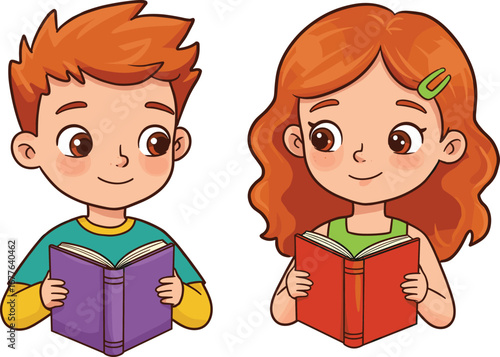 Cute boy and girl reading books, cartoon kids illustration, happy children learning, back to school, education concept, vector art