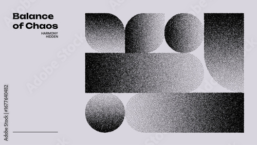 Abstract black geometric shapes with dot grain stipple noise patterns. Modern digital art for a unique minimalist background.