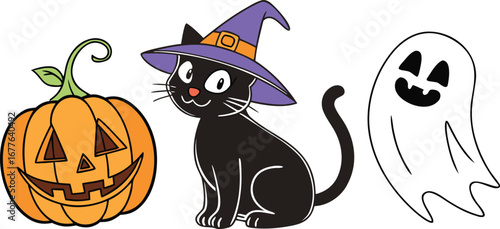 Happy Halloween day element background vector. Cute collection of spooky ghost, pumpkin, bat, candy, cat, skull, spider, grave, castle. Adorable halloween festival elements for decoration, prints.