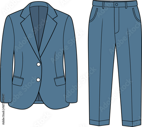 Men's suit vector flat sketch, formal blazer and pants cad drawing, front view, fashion technical design, editable clothing template