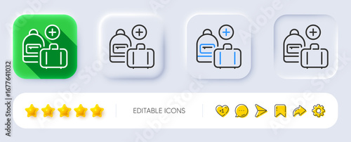 Hand baggage line icon. Neumorphic, Flat shadow, 3d buttons. Add travel bag sign. Handbag luggage symbol. Line add handbag icon. Social media icons. Vector