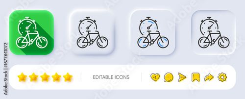 Bike timer line icon. Neumorphic, Flat shadow, 3d buttons. Delivery bicycle transport sign. Outdoor transportation symbol. Line bike timer icon. Social media icons. Vector