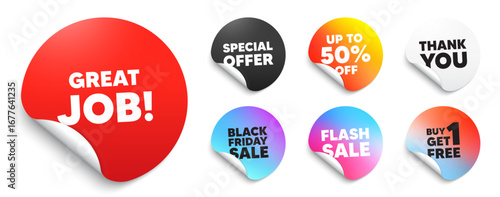 Great job red sticker tag. Special offer paper price tags. Great job tag. Recruitment agency sign. Hire employees symbol. Discount, black friday sticker. Promo banner. Vector