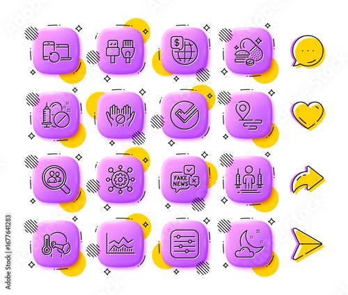 Framework, Search employees and Overeating pills line icons. App 3d buttons. Social media comment, share, like icons. Pack of Filter, Fake news, Sick man icon. Vector