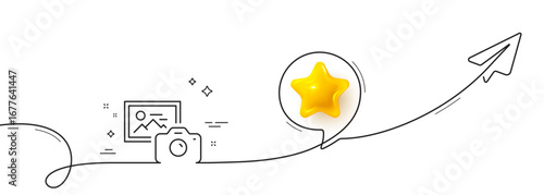 Photo camera line icon. Continuous line with share plane. Image photography sign. Picture placeholder symbol. 3d star in speech bubble. Photo camera single line ribbon. Loop curve pattern. Vector