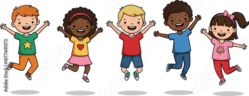 Diverse kids jumping, happy children, multicultural group, joyful boys and girls, smiling kids, playful children, diverse childhood, vector illustration, kids having fun