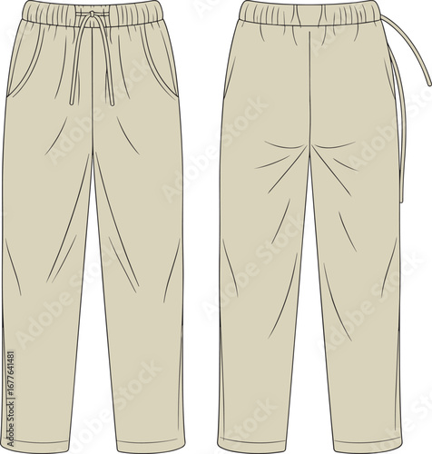 Menswear jogger pants cad flat vector illustration, front and back view, elastic waistband, drawstring closure, fashion sketch template