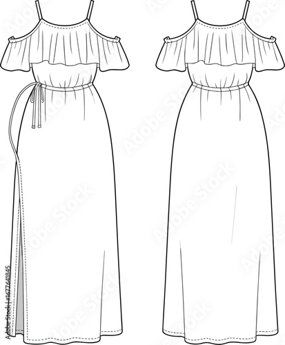 Off shoulder maxi dress fashion sketch, flat vector illustration, elegant summer dress technical drawing, CAD apparel design template, stylish wear