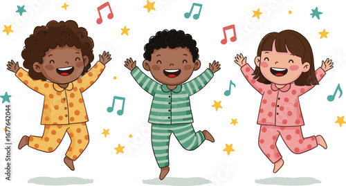 Happy kids jumping in colorful pajamas, joyful children dancing, bedtime fun, playful night, music notes, diverse smiling boys and girls