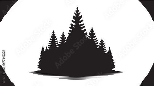 Silhouette of Pine Trees on White Background with Partial Circular Frame forest nature