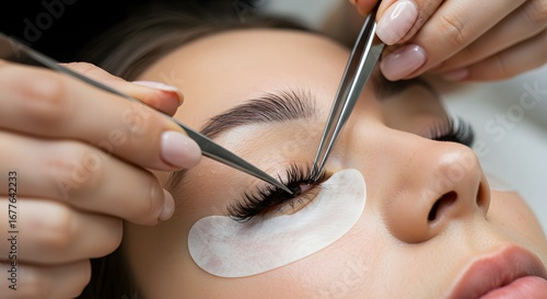 Close up of eyelash extension procedure with tweezers and eye pad on a woman in a beauty salon