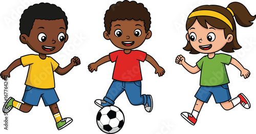 Happy kids playing soccer, diverse children running and kicking ball, active outdoors, joyful teamwork, cartoon illustration for kids sports