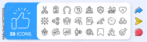 Chemistry lab, Cogwheel and Attention line icons. Interest rate, AI generate, Inflation icons. Pack of Analytical chat, No hearing, Omega icon. Vector