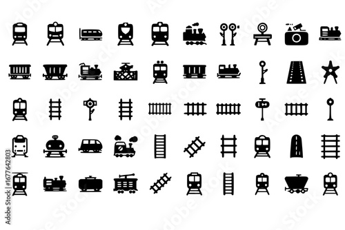 Set Of Railroad Icons Isolated Silhouette Solid Icon With Railway, Railroad, Road, Travel, Transportation, Rail, Train Infographic Simple Vector Illustration Logo
